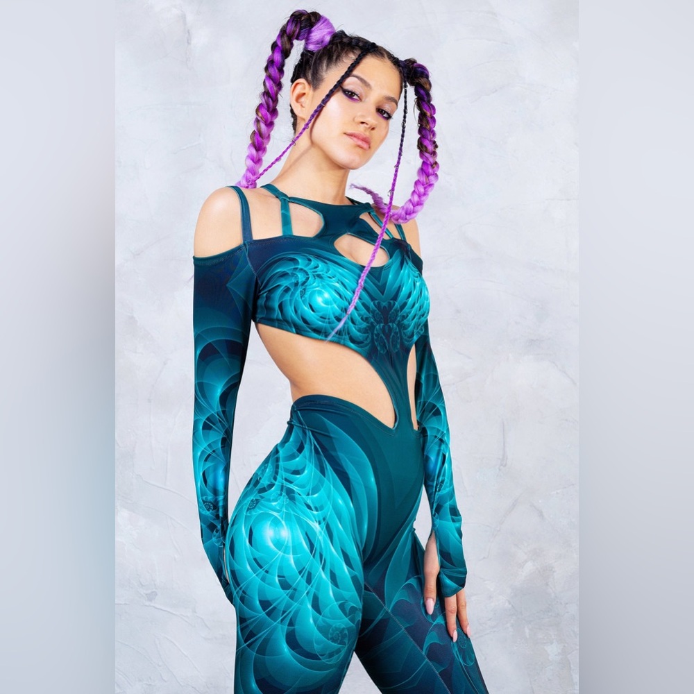 BADINKA Antimatter Matrix Full Bodysuit Teal Cutout Rave Festival Jumpsuit Size